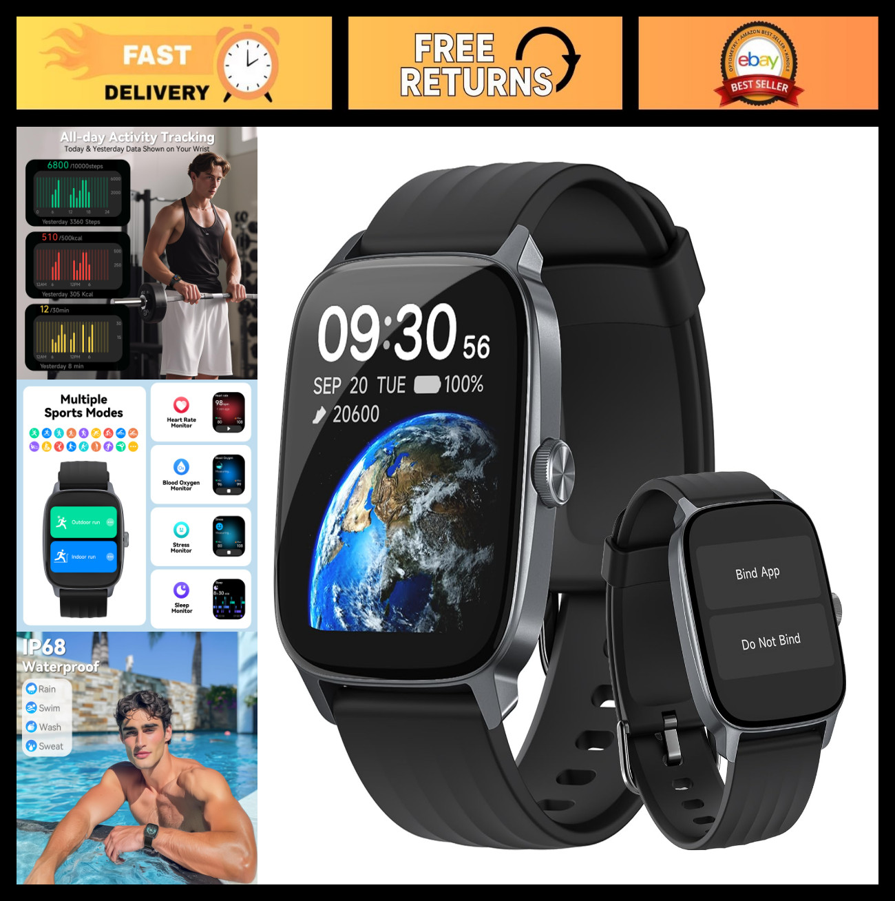 Senior-Friendly Smart Watch, No App/Phone Needed, Waterproof Fitness Tracker, Pe