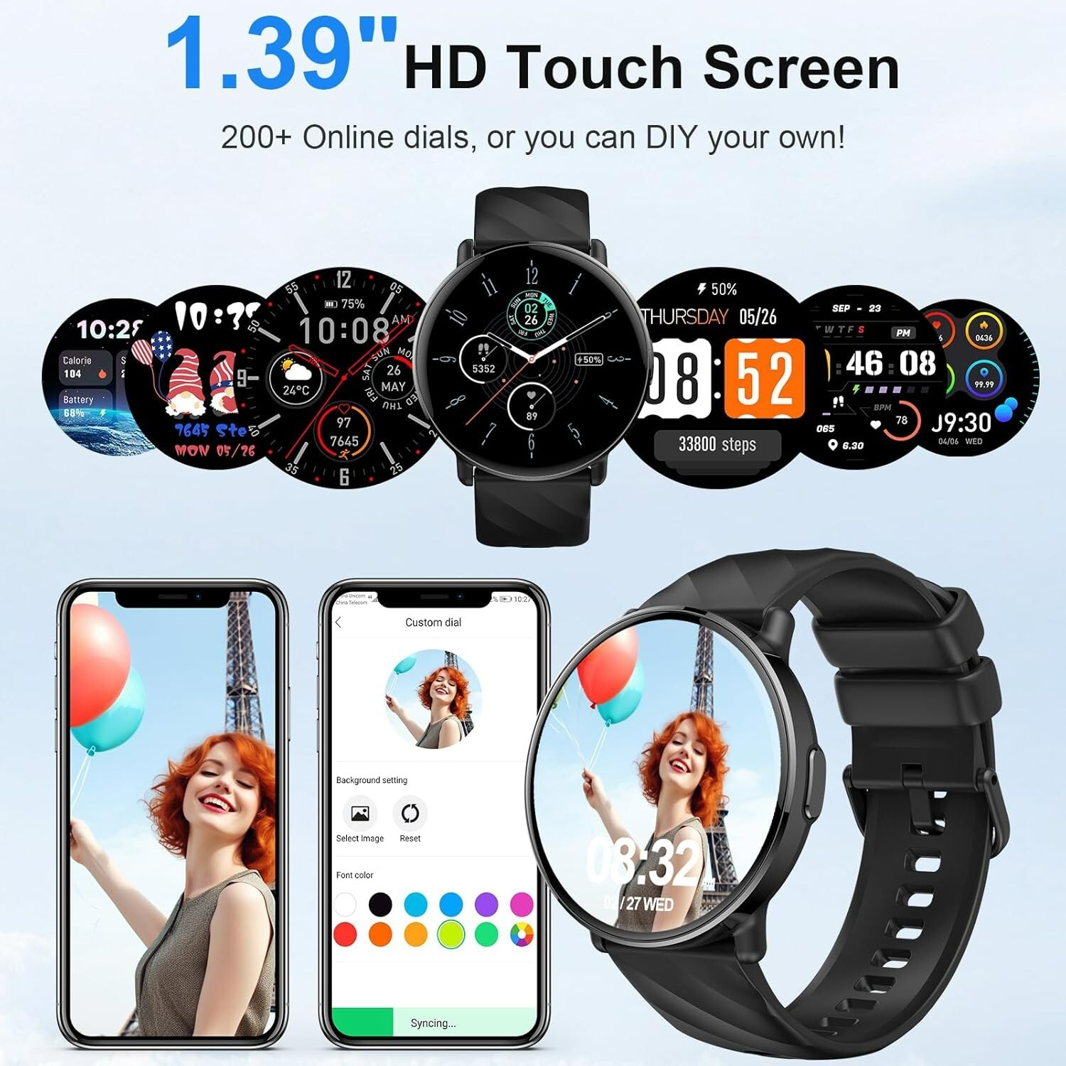 Smart Watch for Men Women with Call/Text Reminder, 1.39″ HD Touch Screen Fitness