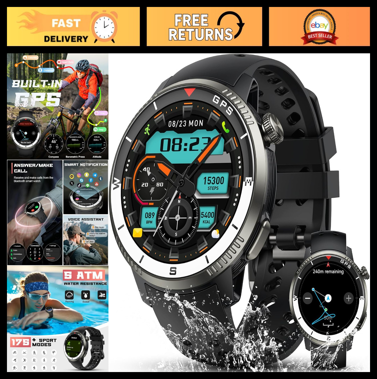 GPS Smartwatch for Men & Women, 1.43″ AMOLED Display, Fitness Tracker, 170+ Mode