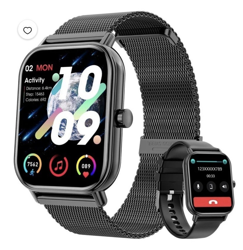 Touchscreen Fitness Tracker Smart Watch 45mm Black Mesh Band for iOS/Android