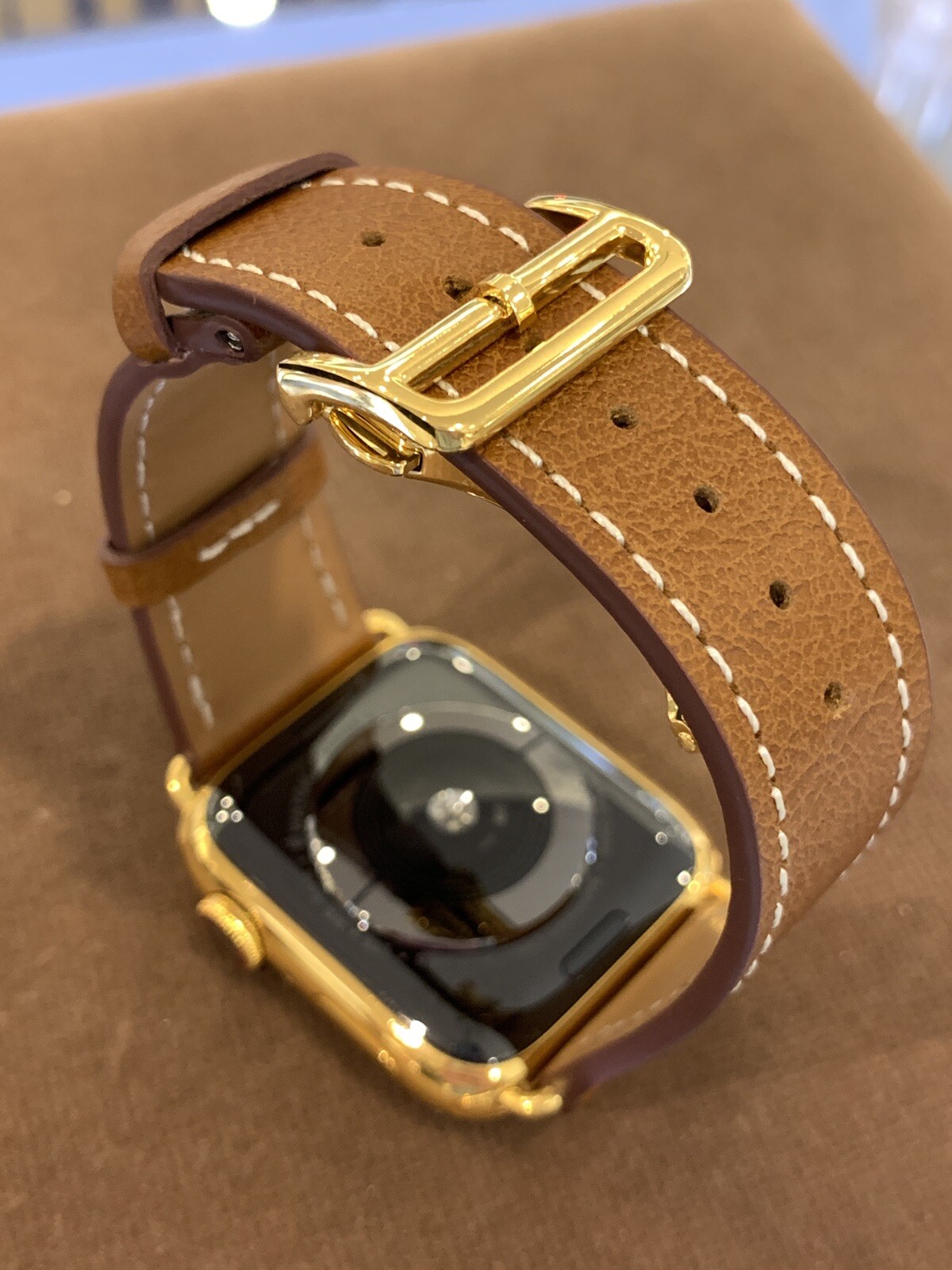 Brown Leather Band 44mm 24k Gold Plated Deplo Buckle Fits Any Series Apple Watch