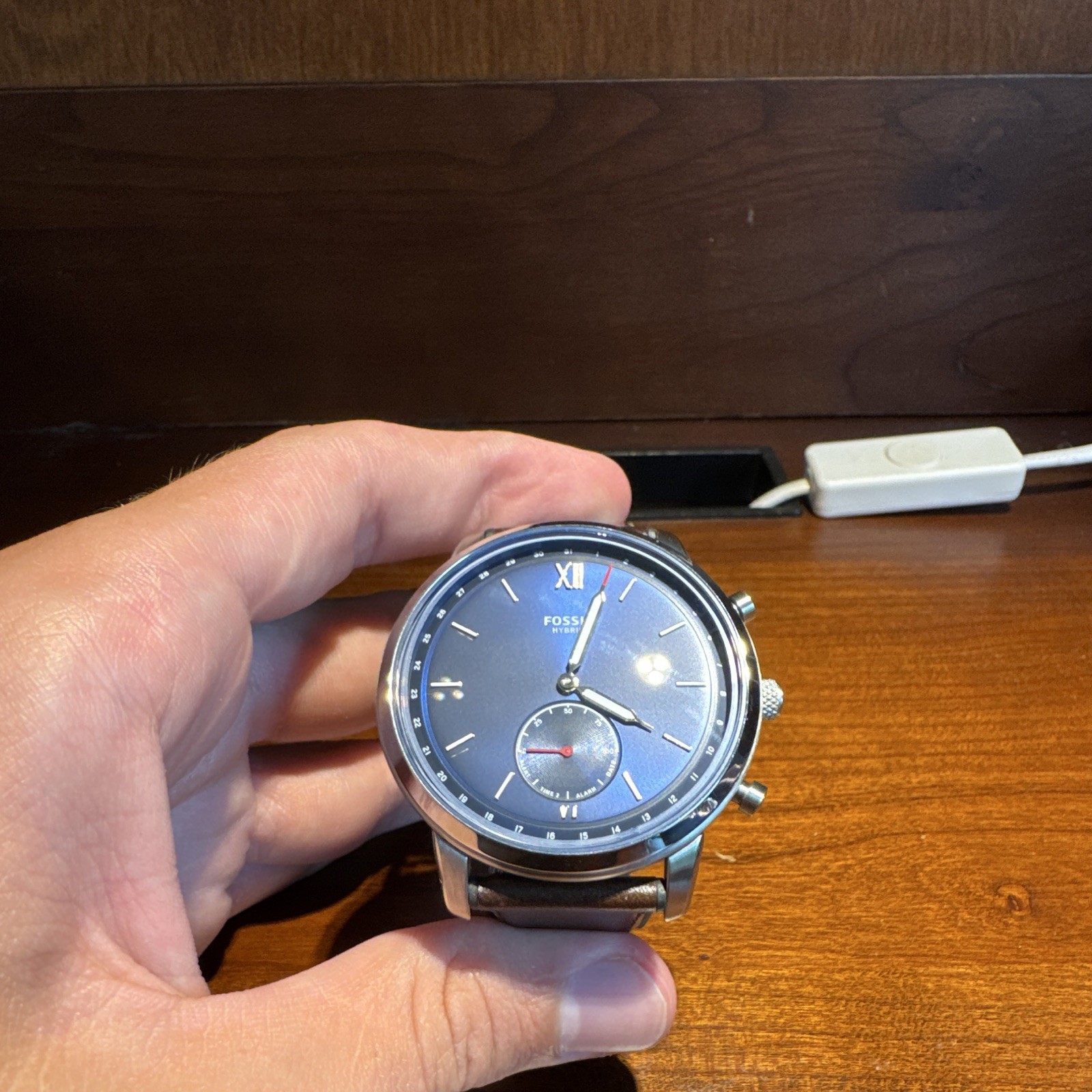 Fossil Hybrid Smartwatch Blue Dial 42mm Silver Case Brown Leather Band
