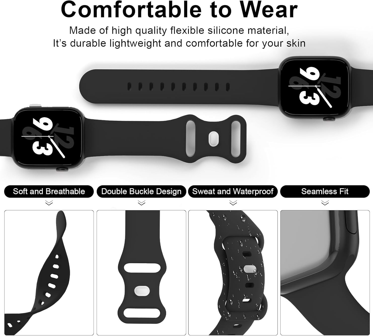 Black Soft Silicone Wristband for Apple Watch 38mm 40mm Series 11/10/9 Men Women