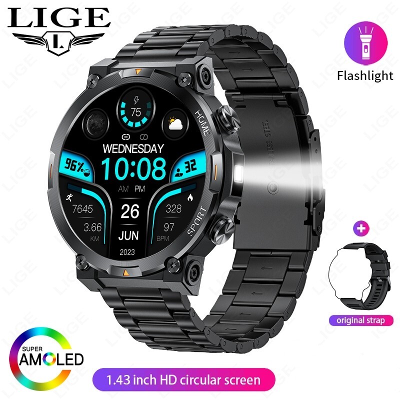 Smart Watch Military Sport with LED Flashlight 1.43″ HD Screen 3ATM Waterproof