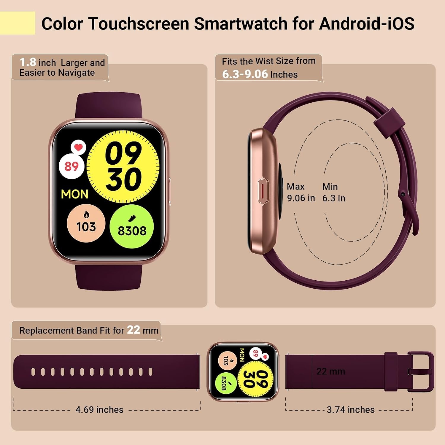 Elegant 1.8” Smartwatch for Women with Alexa – Fitness & Health Tracker