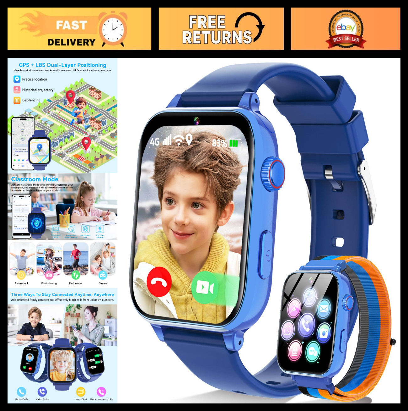 4G Kids Smart Watch Phone GPS, Video Call, SOS, Games, Touch Screen, Blue