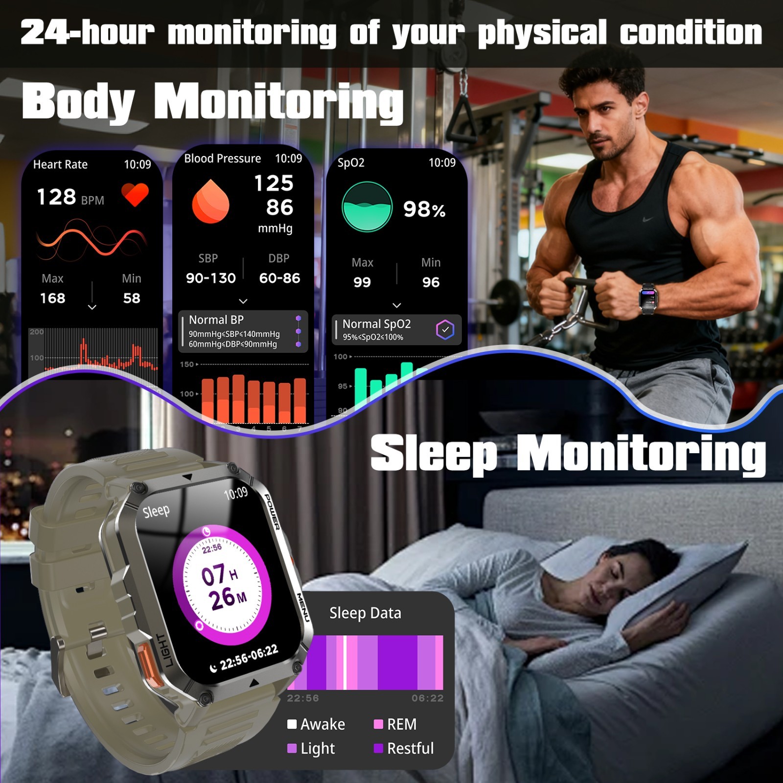 Tactical smart watch Men With Flashlight 900mAh 20 Days Battery Fitness Tracker
