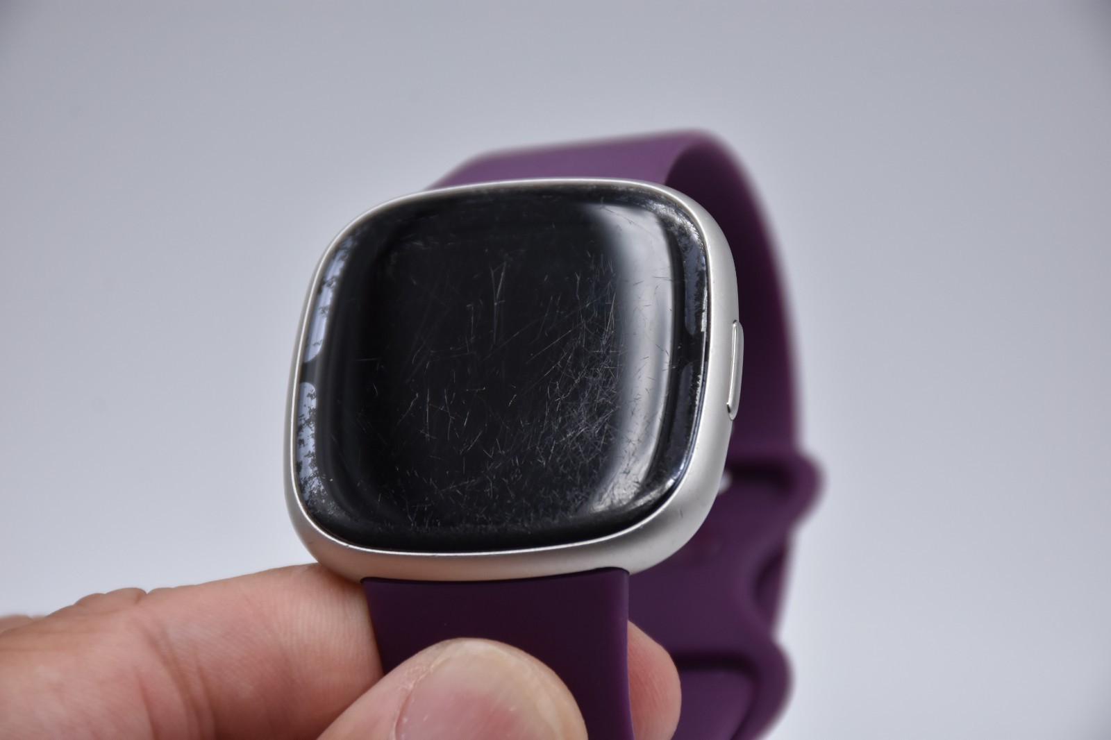 Fitbit Sense 2 Advanced Health Smartwatch Platinum Case Purple Band Scratched