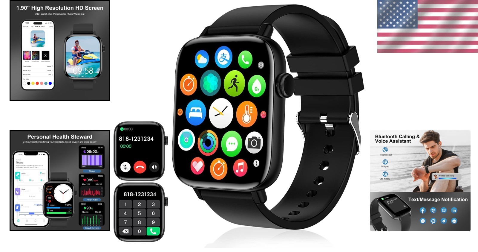 Smart Watch Men Women 1.9 HD Touch Screen Fitness Tracker Waterproof Bluetooth