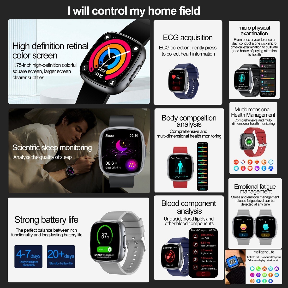 ET593 ECG+PPG AMOLED Smart Watch Waterproof Bluetooth Calling Health Monitoring