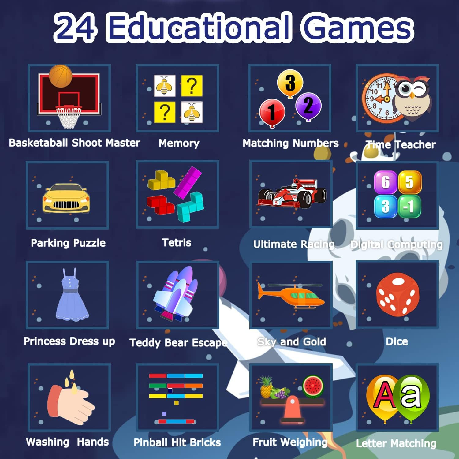 Reloj inteligente con 24 juegos de rompecabezas para niños, cámara táctil HD