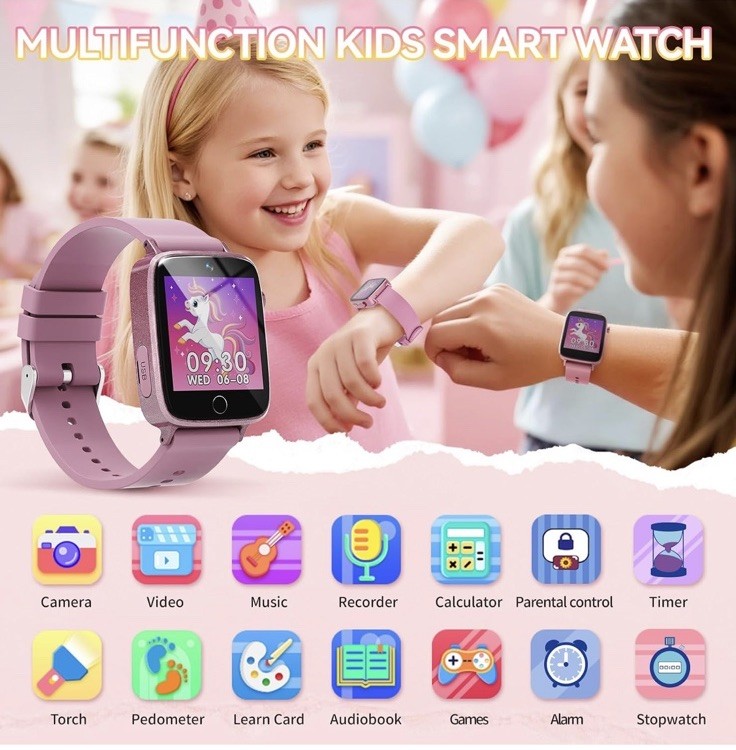 Kids Smart Watch Pink Silicone Band Touchscreen Games Camera Video Flashlight
