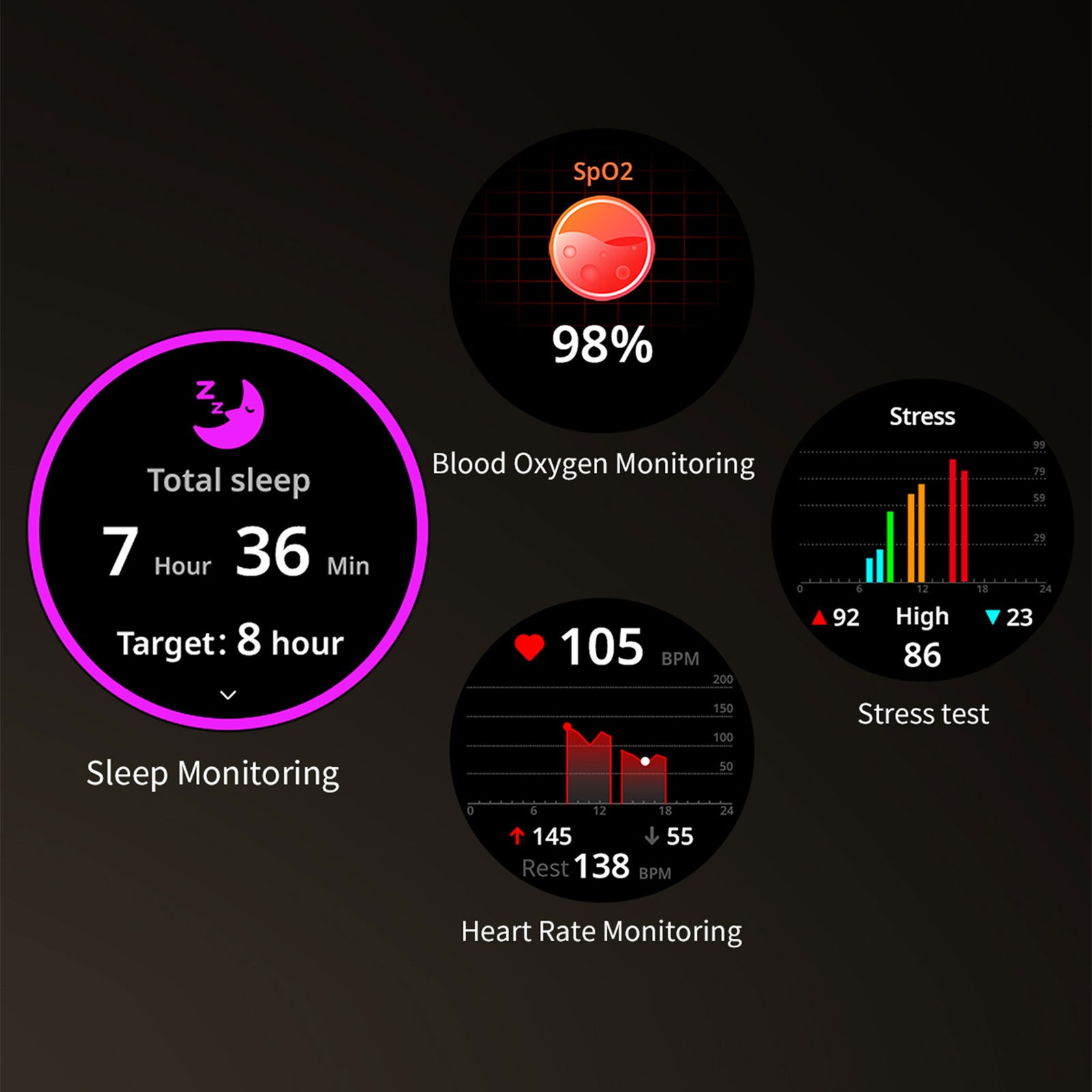 Sports Smart Watches 1.27 Inch High-Definition Touch Screen Fitness Tracker QZCR