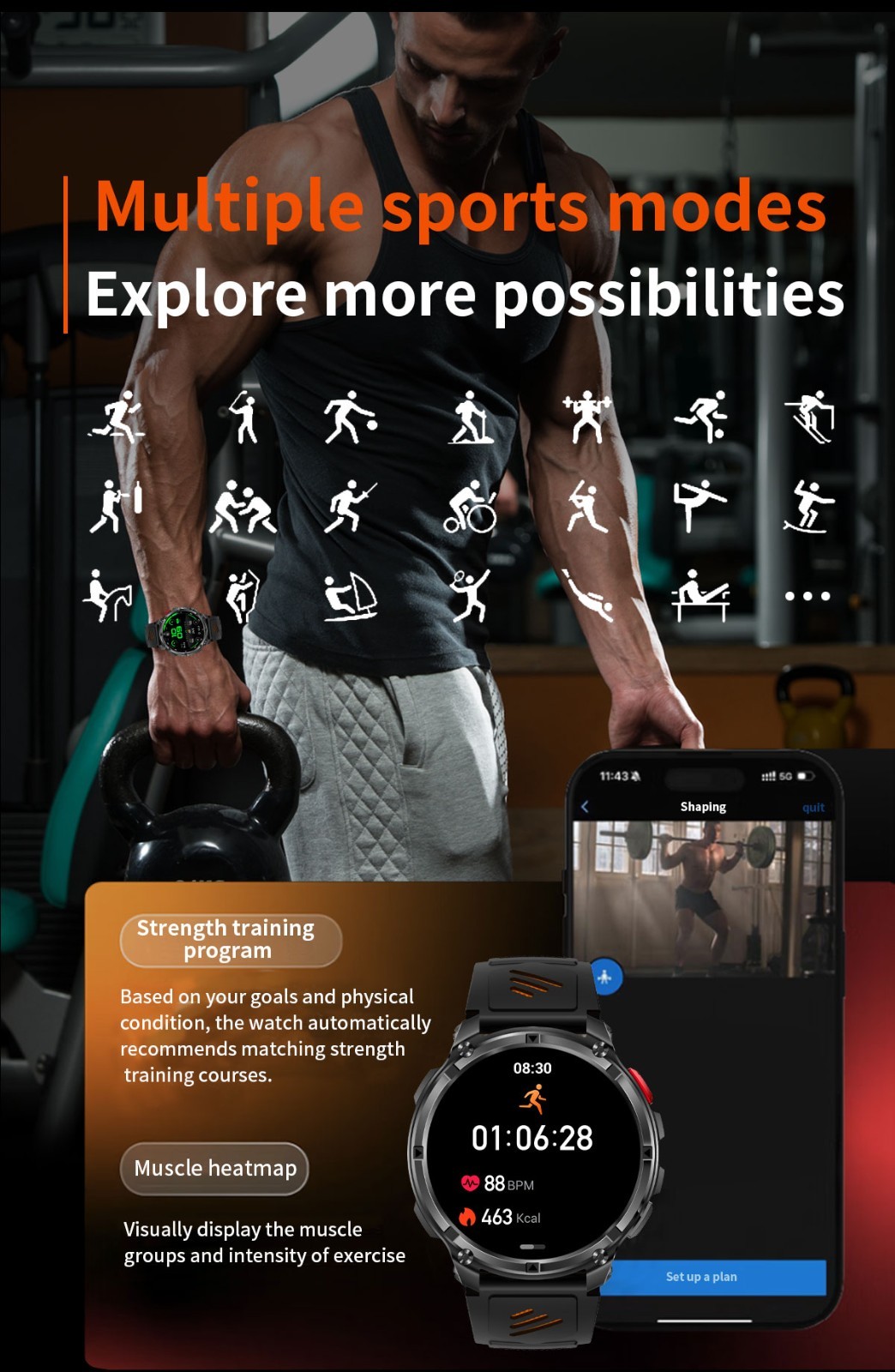 1.7″ Smart Watch Compass 1100mAh 3ATM Waterproof Fitness Tracker BT Call