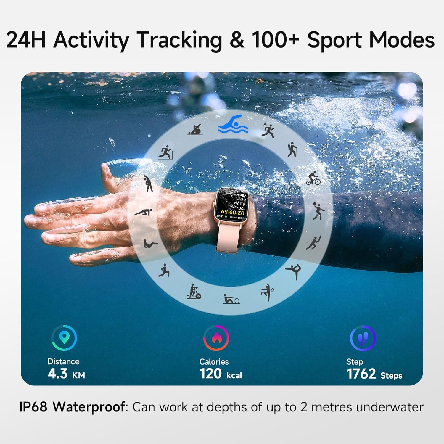 Stylish Smart Watch for Women, 1.85″ HD, Fitness Tracker, IP68 Waterproof