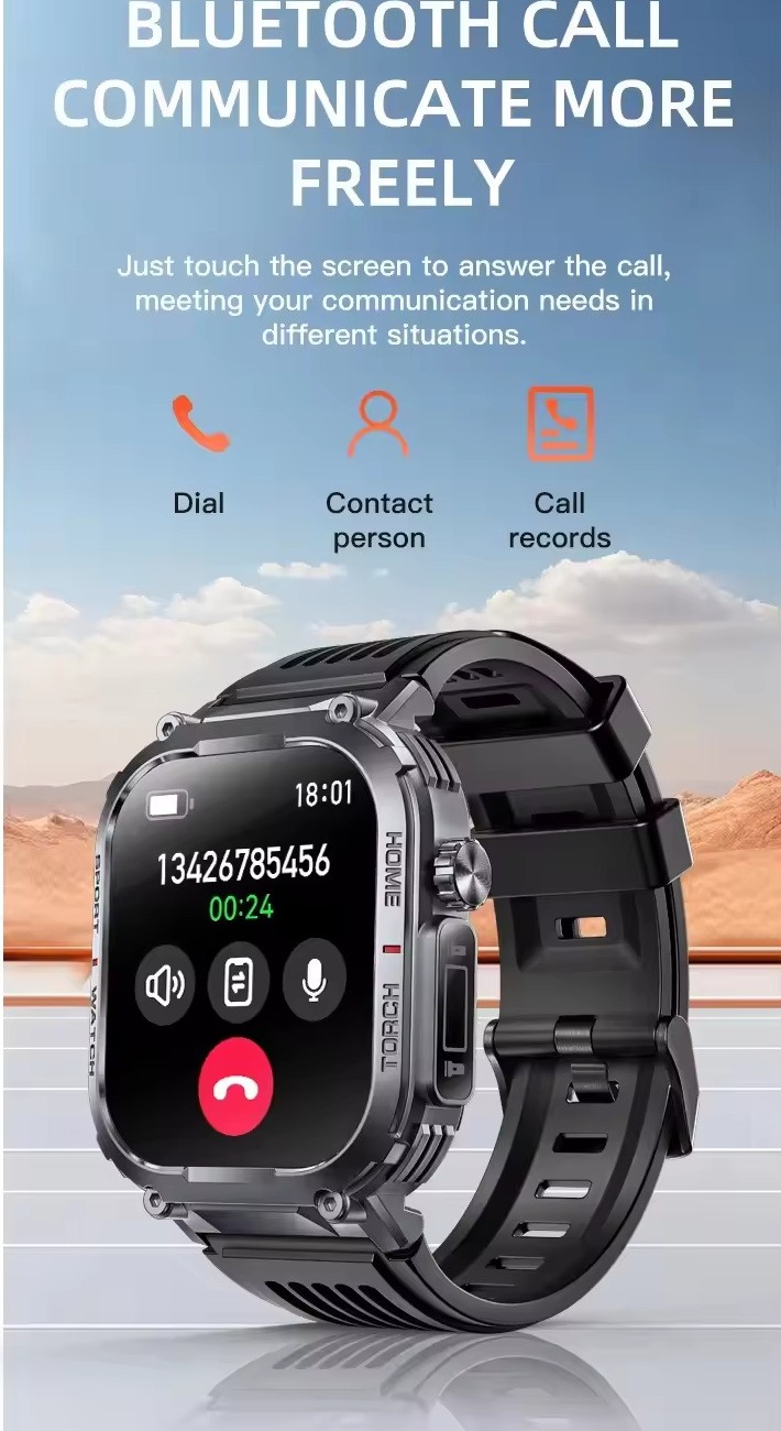 Tactical Smart Watch for Men Sport Bluetooth Call Flashlight Compass 400mAh 3ATM