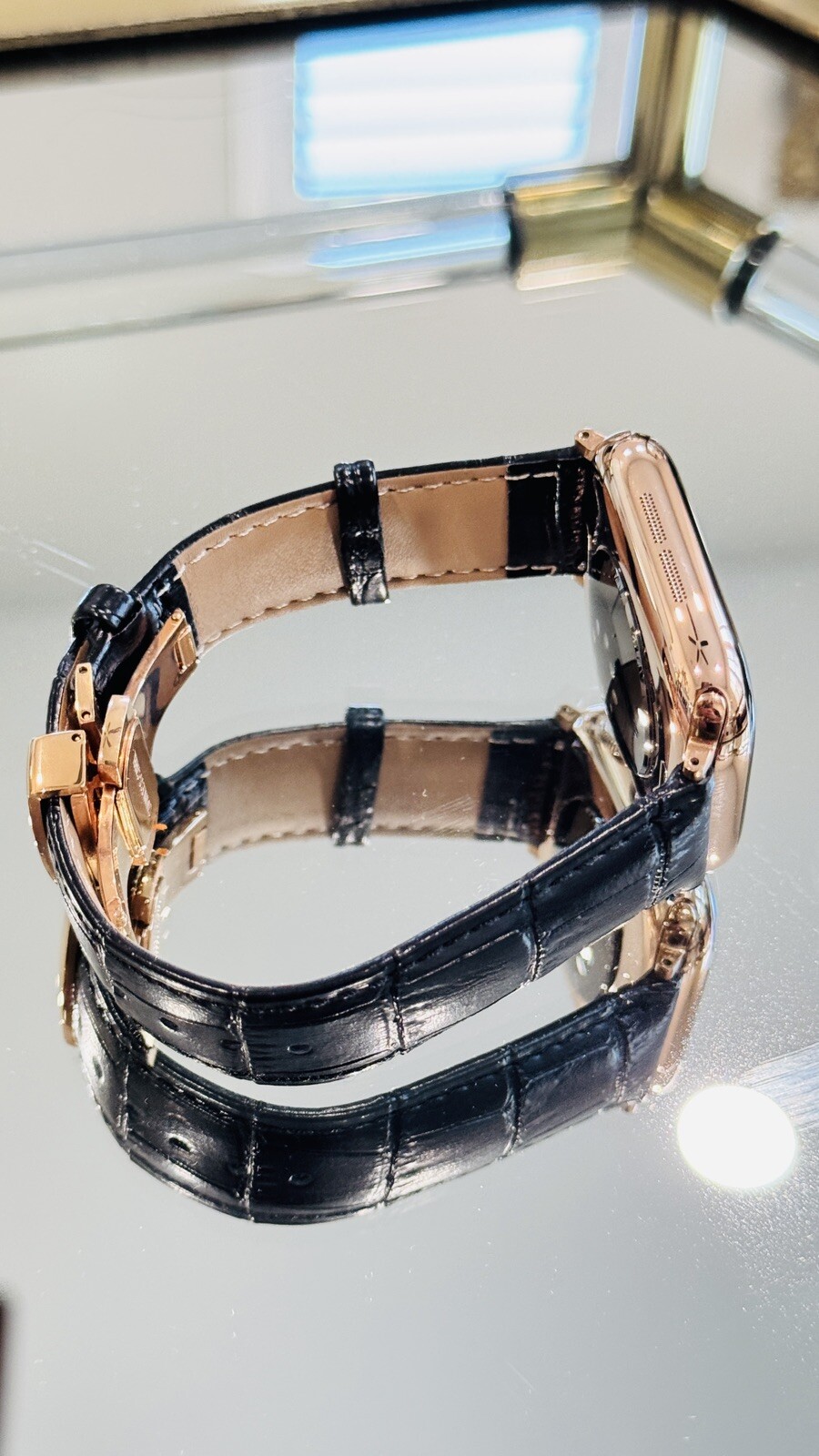 24k ROSE Gold Plated Apple Watch Series 10 46mm Black Leather Band CUSTOM