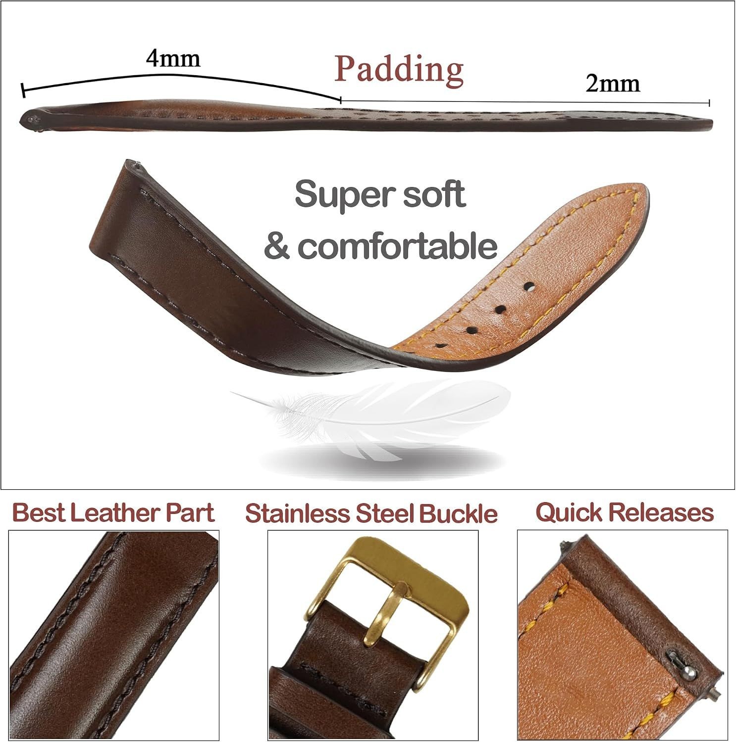 Strap Only For Men’s Watches | Vintage Cowhide Leather, Quick Release, Soft Leat
