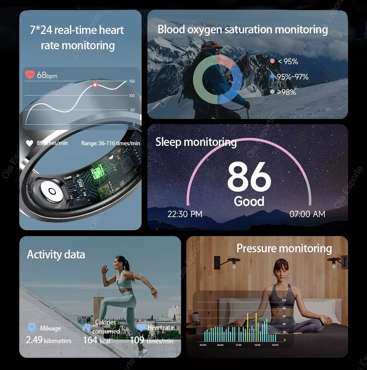 Smart Ring Gesture Control Function 5ATM Waterproof Heart Rate Blood Pressure Ox