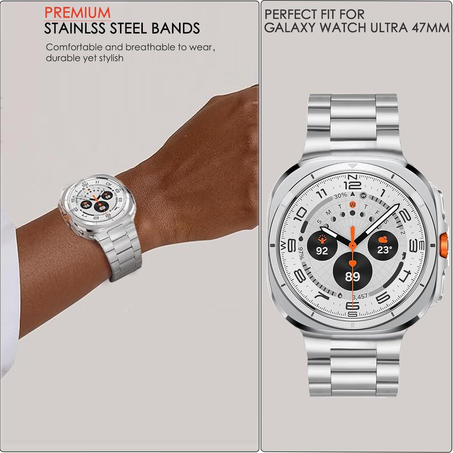 Solid Stainless Steel Strap Compatible with Samsung Galaxy Watch Ultra 47mm