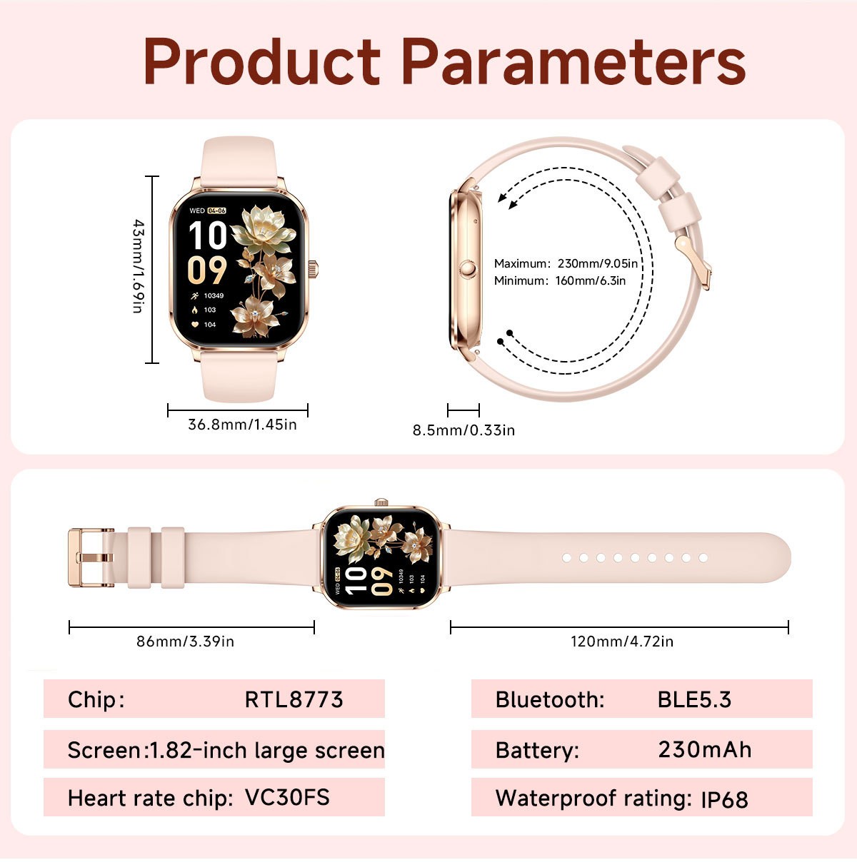 Women Smart Watch 1.82″ HD Touch Screen Bluetooth Call IP68 Waterproof Rose Gold