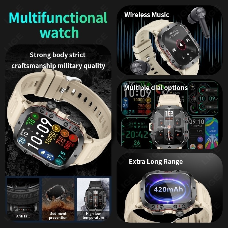 Military Smart Watch Men,420MAH Battery,3ATM Waterproof, 1.96″ HD Tactical Watch
