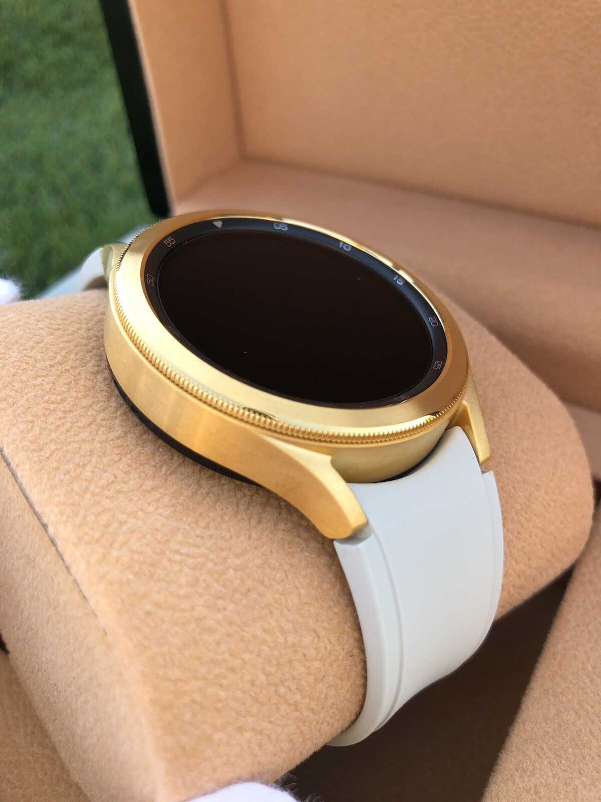 Custom 24k Gold 47mm Plated Samsung Galaxy Watch 6 Gold Bezel Gray Fabric Band