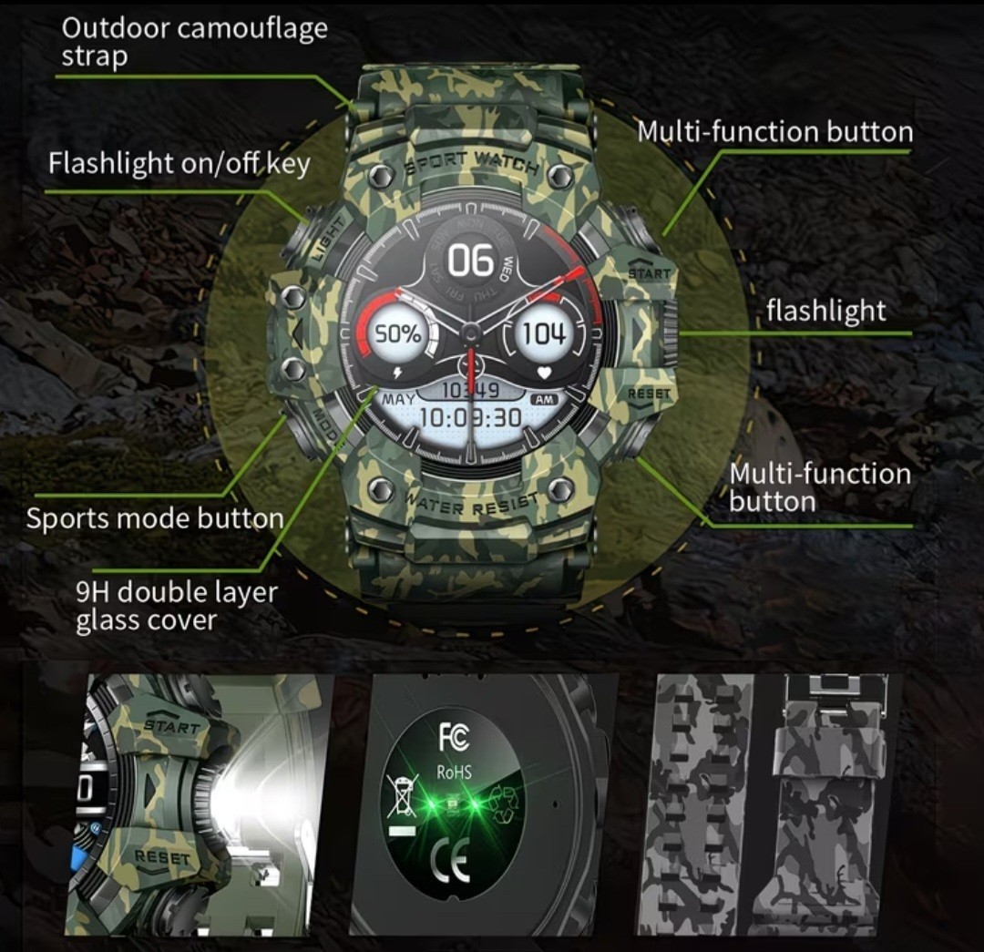 Tactical Sport Smartwatch – Waterproof Blue Camo – Heart Rate & Step Tracker