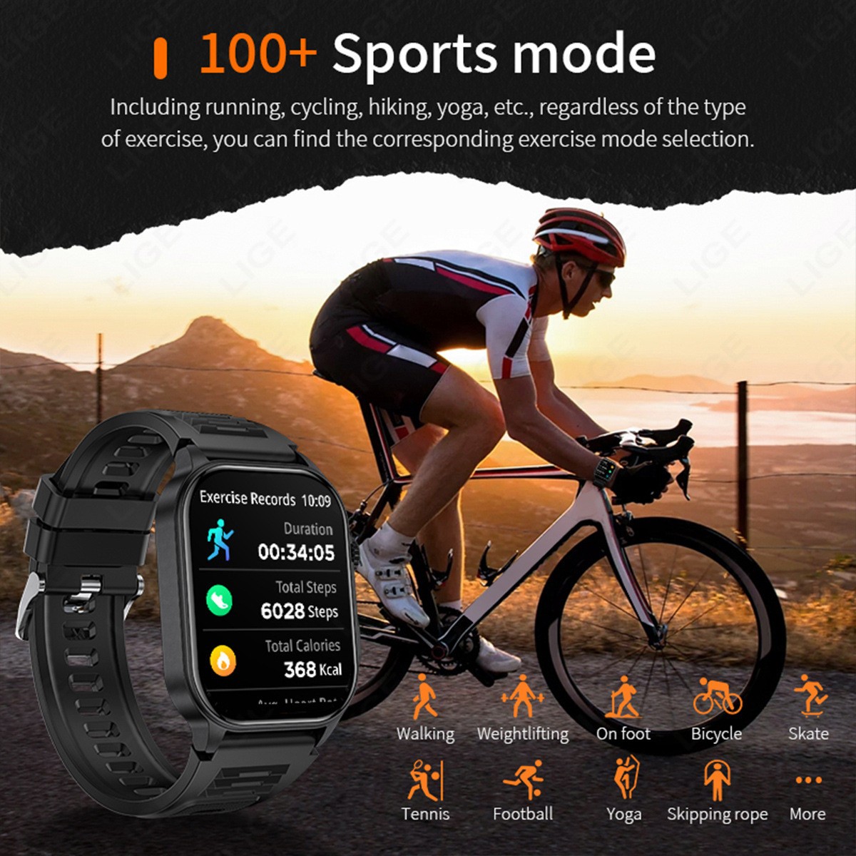 LIGE Smart Fitness Bluetooth watch Heart Rate Blood Pressure Health Monitoring