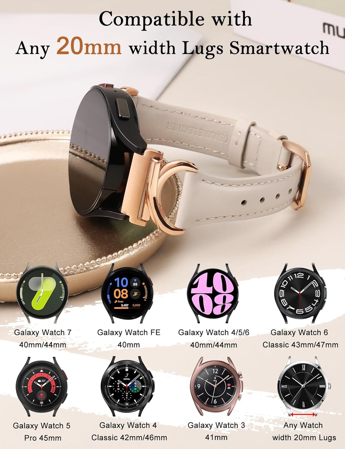 20mm Leather Strap Compatible with Samsung Galaxy Watch 6 40mm 44mm Slim