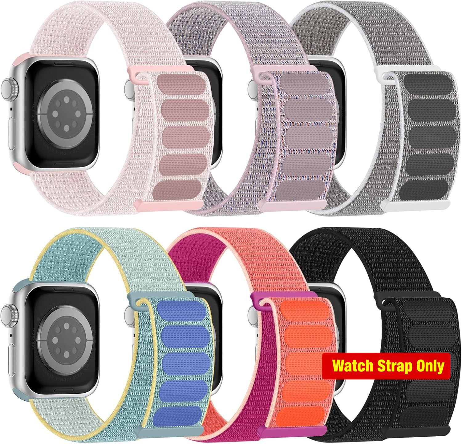 6 Pack Nylon Loop Sport Bands for Apple Watch Series 7 45mm – Adjustable Straps