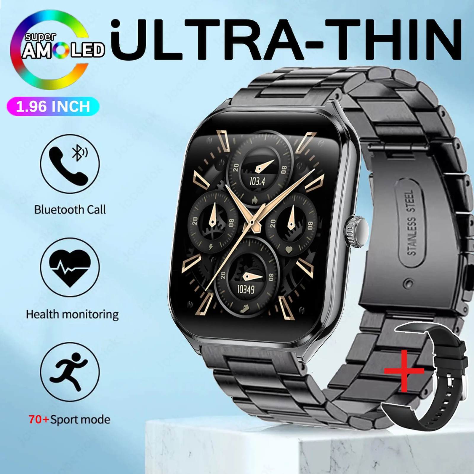 2025 New 7.5MM Ultra Thin Smart Watch Men 1.96″AMOLED Screen Always Show Time