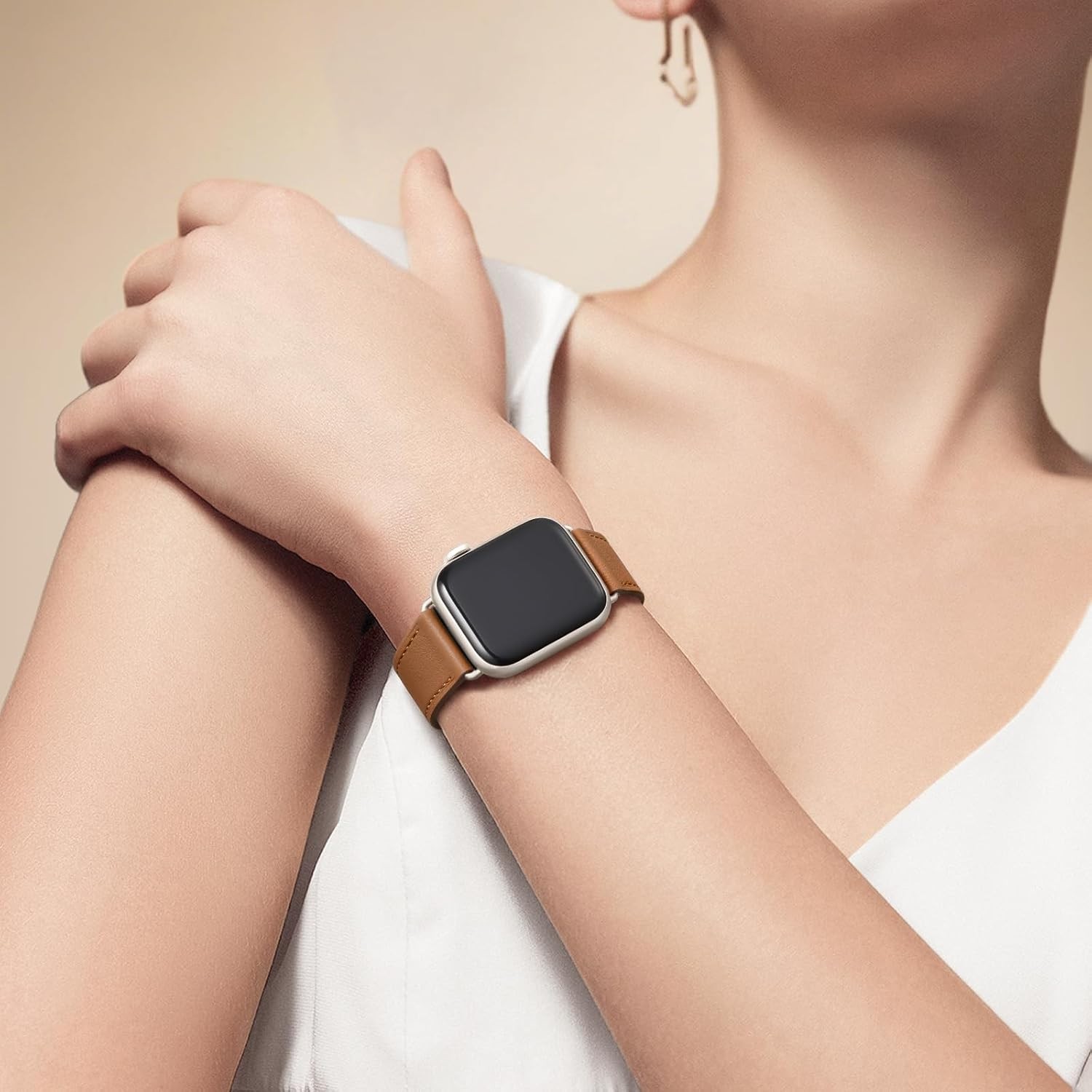 Brown+Starlight Leather Band for Apple Watch Series 10 11 38mm 40mm 41mm Unisex