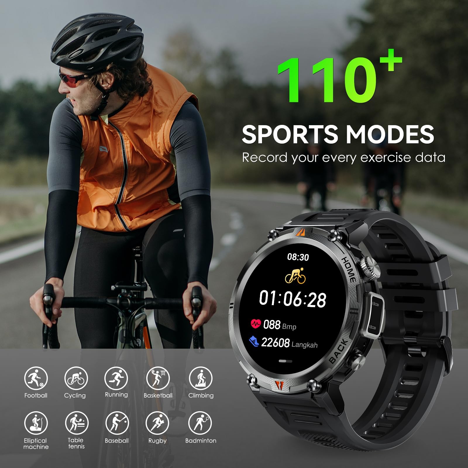 Lanikar Military Smart Watch For Men Led Flashlight 1.45 Hd Outdoor Tactical