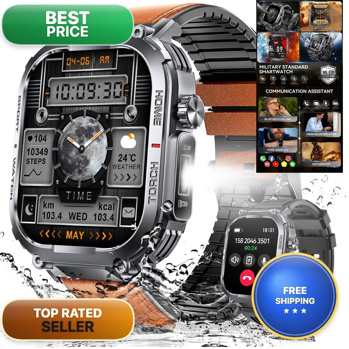 Bassizo Military Smart Watch for Men 3ATM Waterproof 2.02″ HD Screen Tactical
