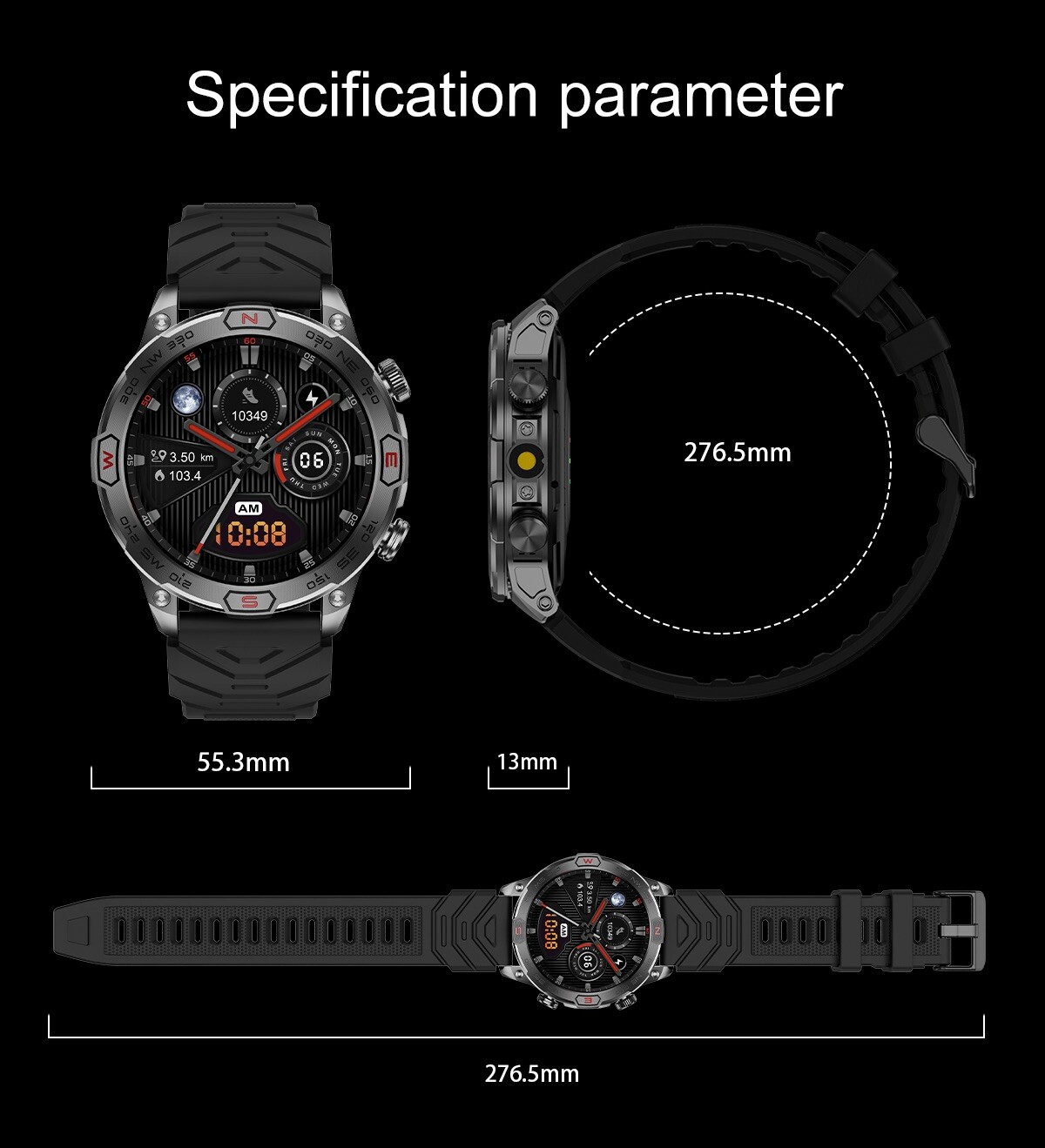 Tactical Smartwatch with Compass 100+Sports Modes Fitness Tracker Heart Rate