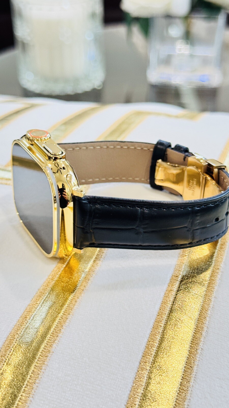 24k Gold Plated Apple Watch ULTRA 2 49mm Black Leather Band Polished CUSTOM