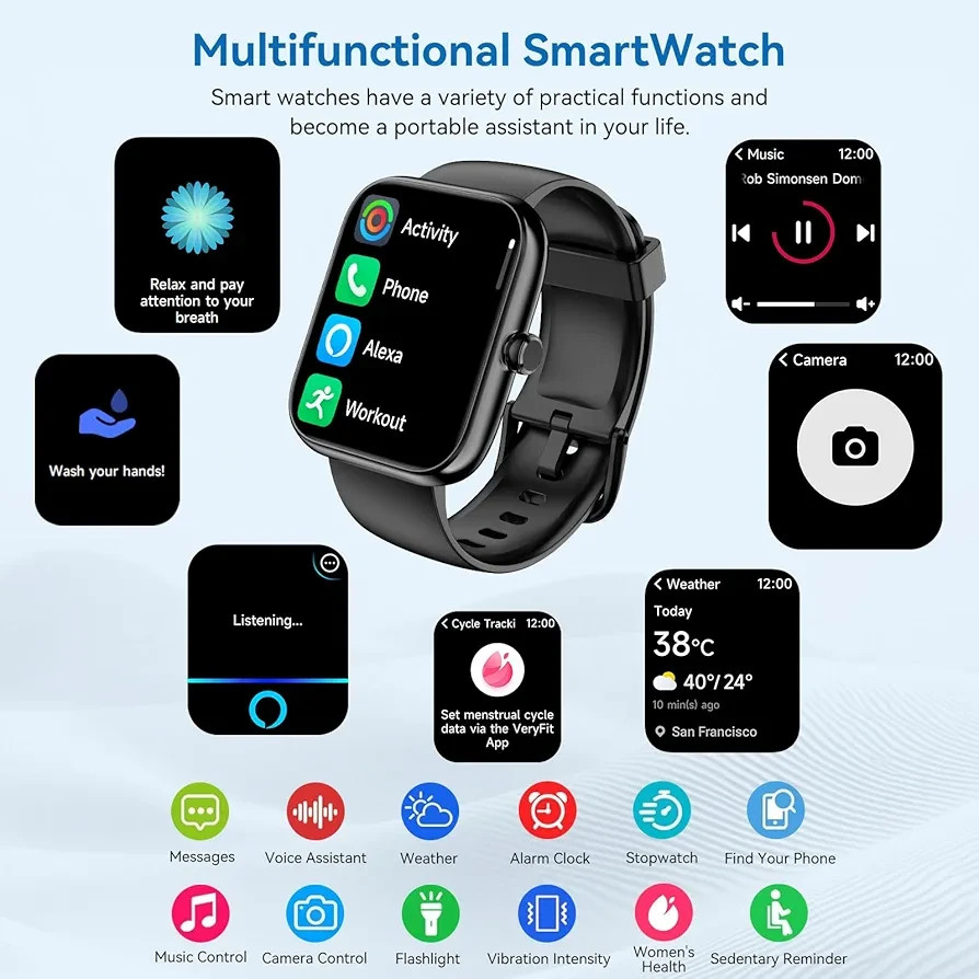 SENBONO Smartwatch w/ Alexa – HD Touch, Bluetooth Calls, Fitness, Waterproof
