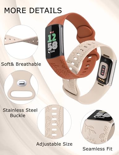3 Pack Floral Silicone Strap Compatible with Fitbit Charge 6/5 Women Sport Bands