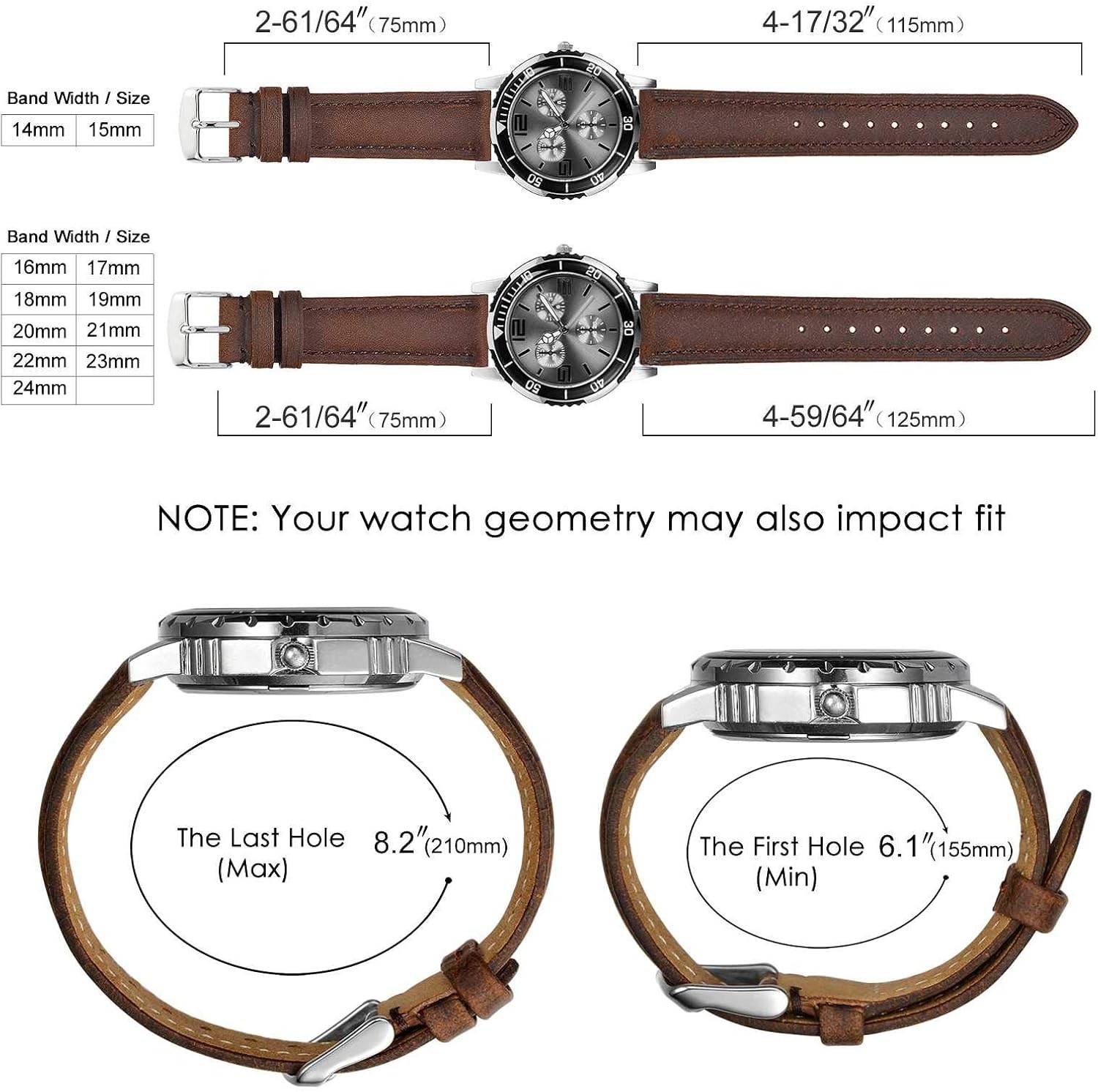Vintage Leather Watch Strap Band 14mm 15mm 16mm 17mm 18mm 19mm 20mm 21mm 22mm 23