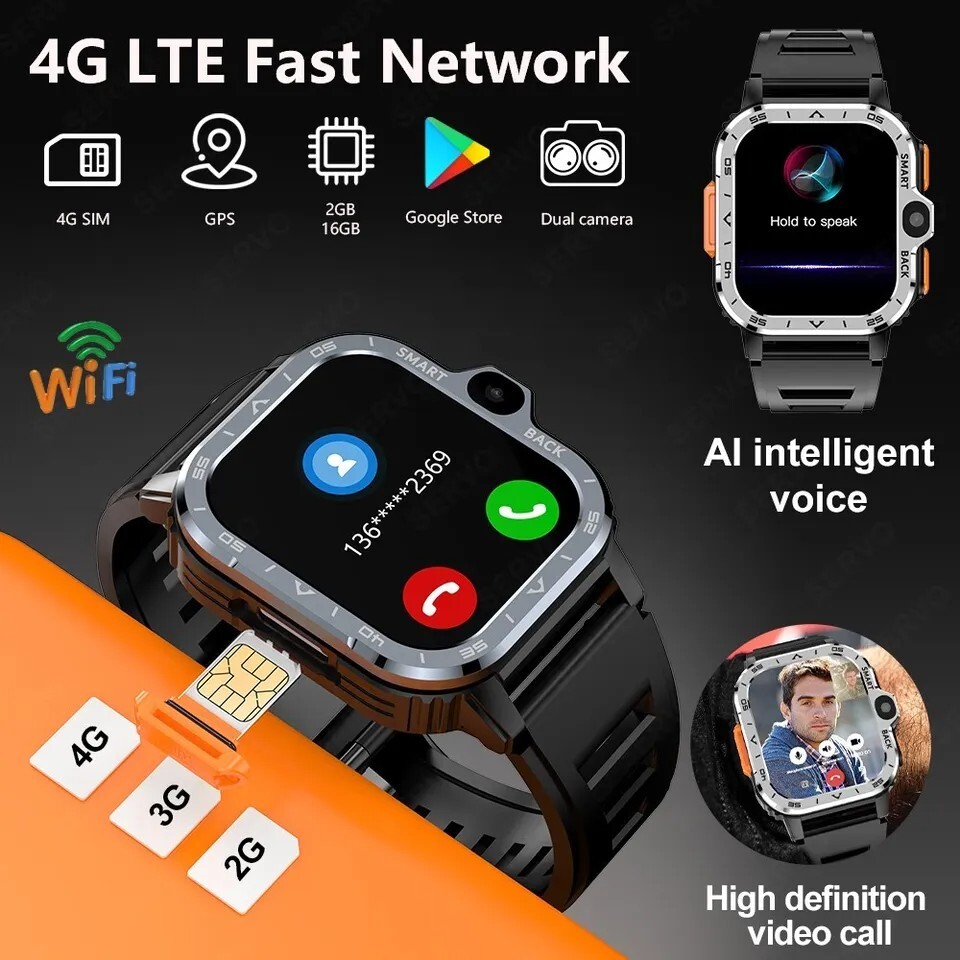 Larger Screen 4G Smart Watch PGD 2GB+16GB Heart Rate Monitor Dual Camera Silver
