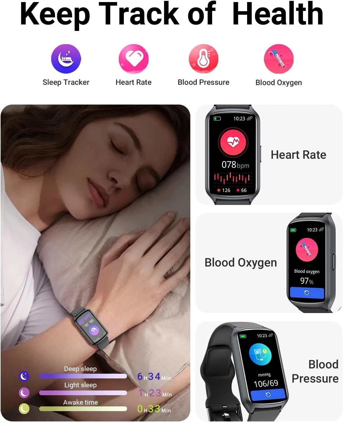 Health Fitness Tracker with 24/7 Heart Rate, Blood Oxygen, Blood Pressure, Sl…