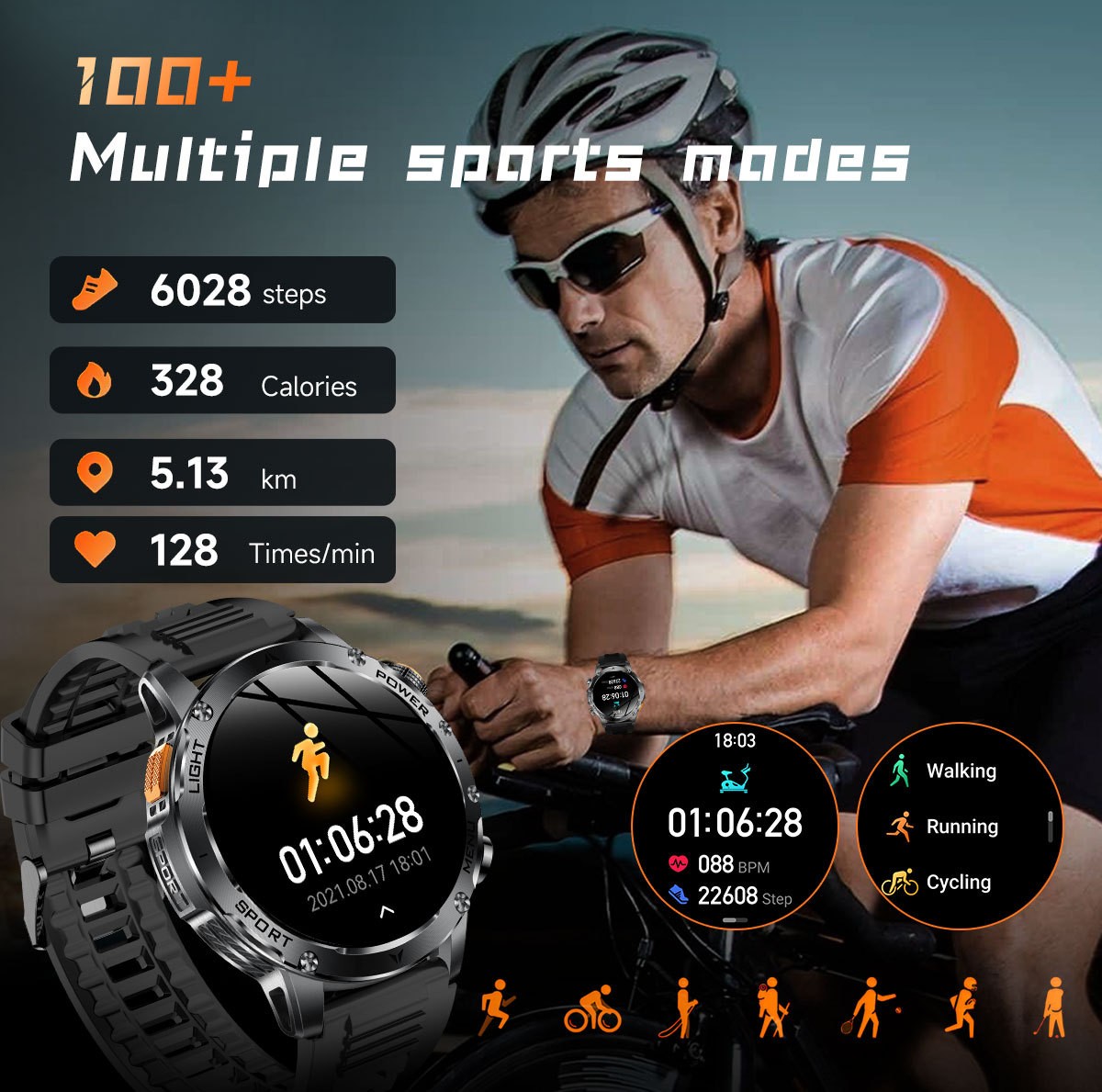 Tactical Smart Watch Men 1000mAh Battery LED Torch Blood Pressure Waterproof