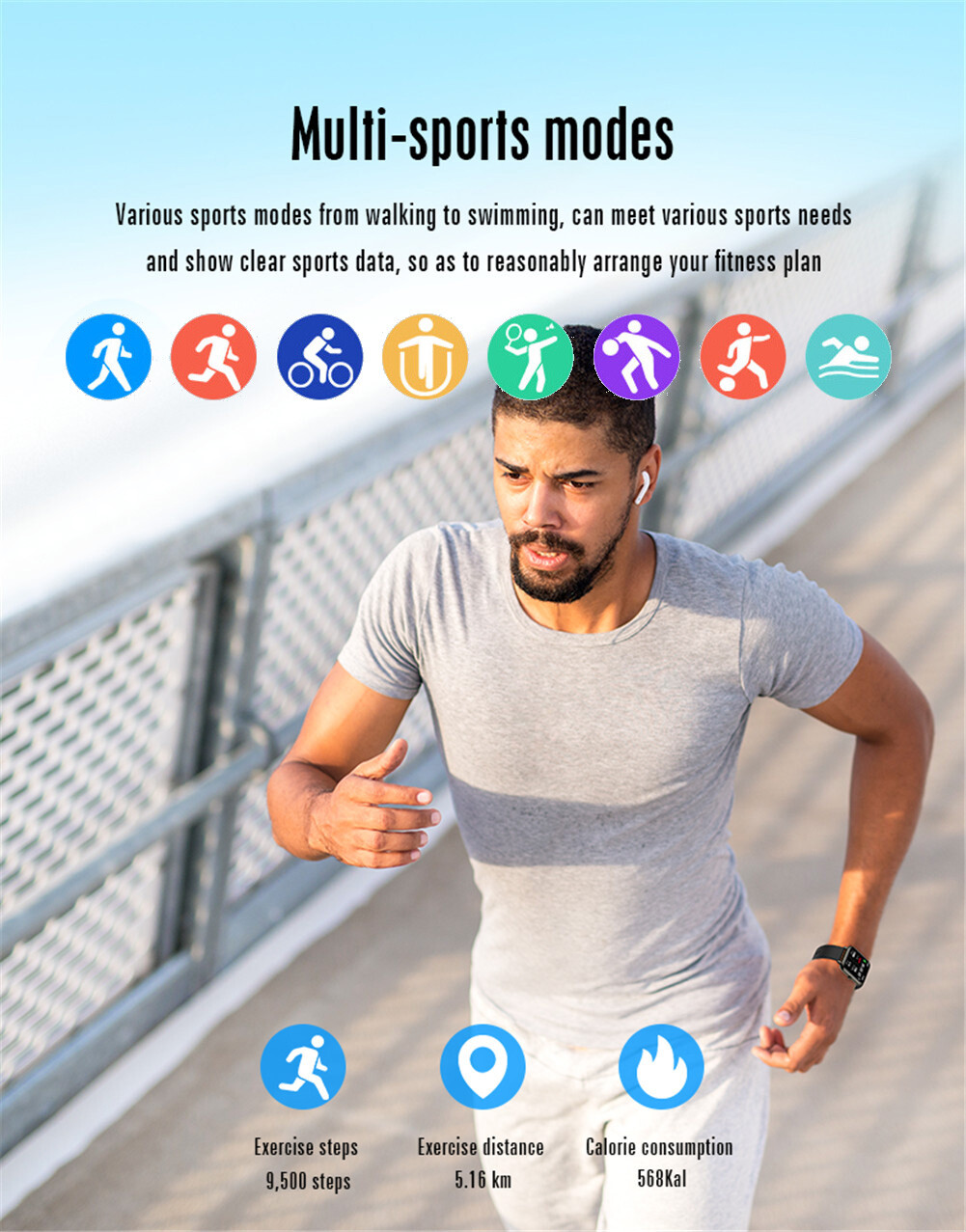 Sport Fitness Tracker Bluetooth Smartwatch 1.69 inch Touch Screen Smart Bracelet
