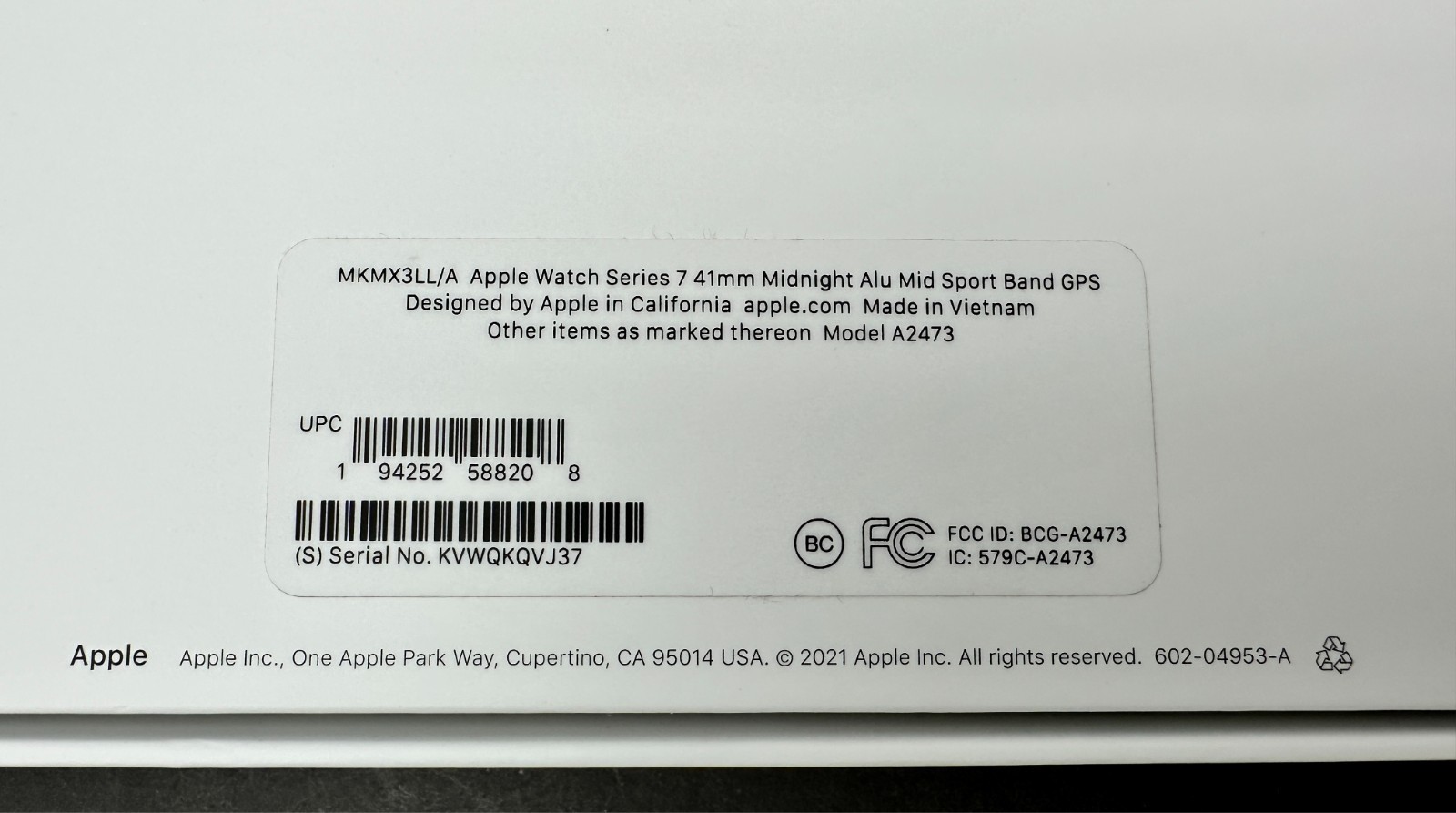 Apple Watch Series 7 Midnight Aluminum Mid Sport Band GPS 41mm Model A2473