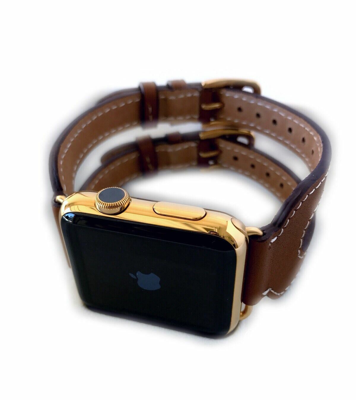 24K Gold Plated 44MM Apple Watch Series 6 with Leather Etoupe Double Buckle Cuff