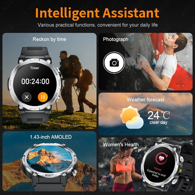 Smart Watch Men Sport Rugged with LED Flashlight Heart Rate 3ATM Waterproof Call