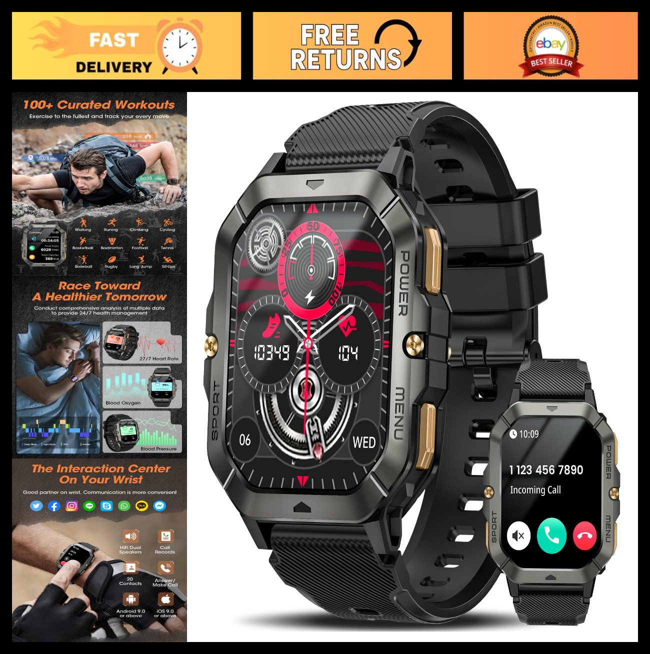 Military Smart Watch for Men, 2.02” Waterproof Fitness Tracker, Calls, Heart Ra