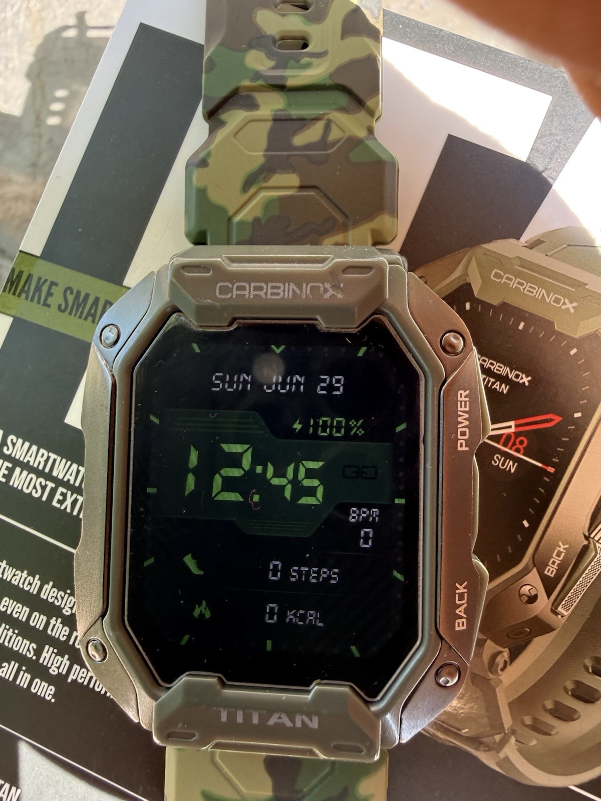 CARBINOX Titan Smartwatch Camouflage Silicone Band Green Metal Case Waterproof