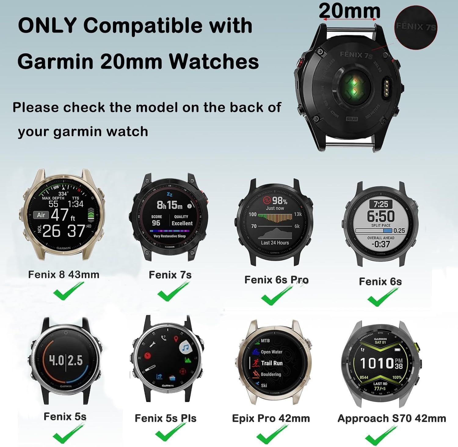 Strap For Garmin Fenix 8/7S Pro/7S/6S Pro/6S/5S Plus/5S, Silicone Soft Strap